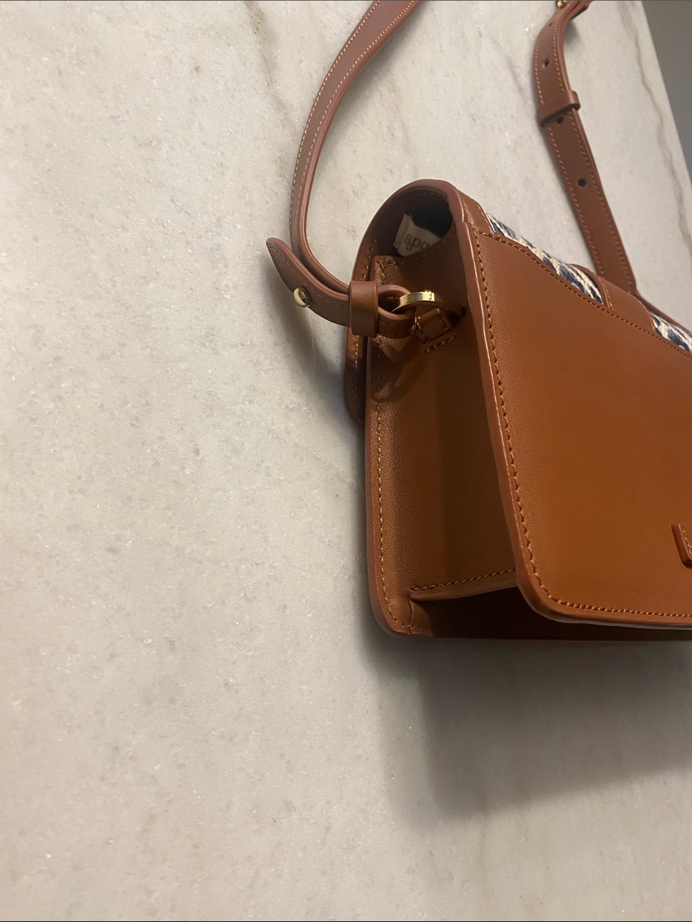 Spartina 449 Brown Leather-Trim Crossbody Bag with Blue raffia Pattern - Picture 9 of 13